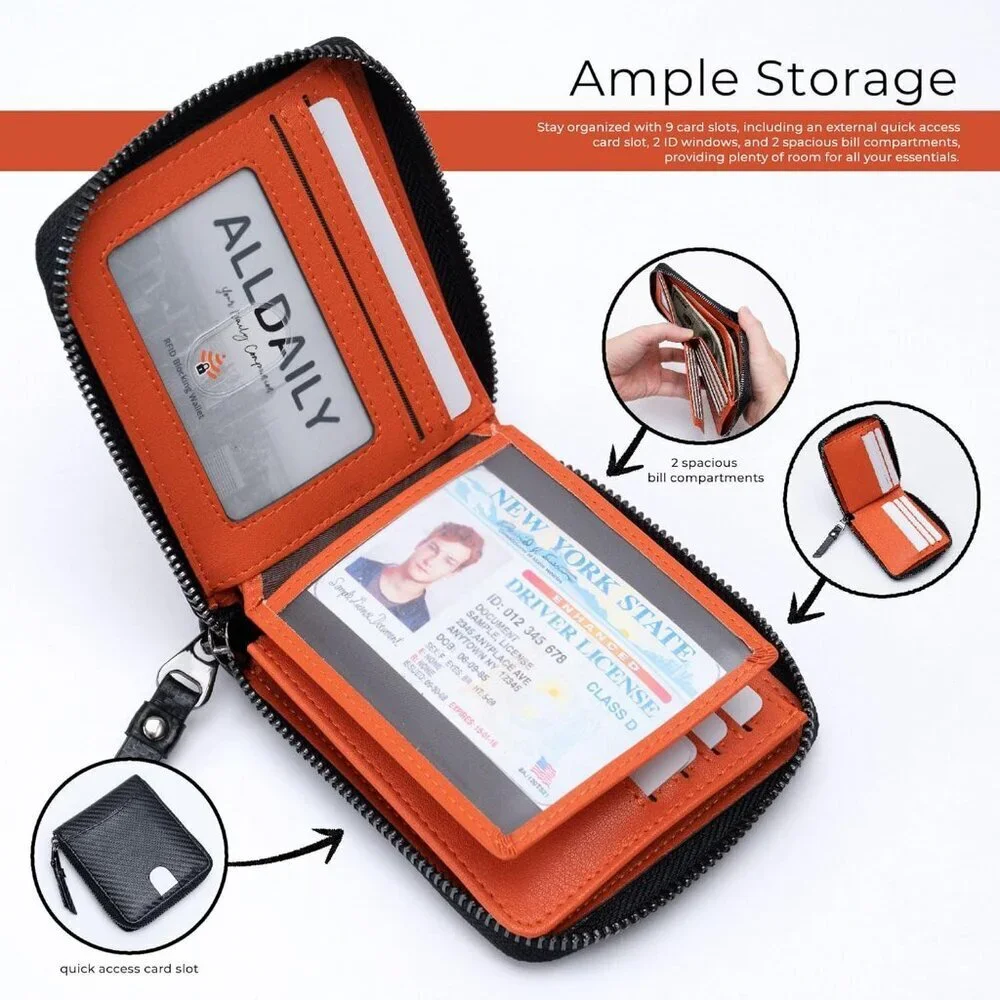 Men's Bifold Black Orange Wallets Card Slot Secure Zipper Closure Leather Style